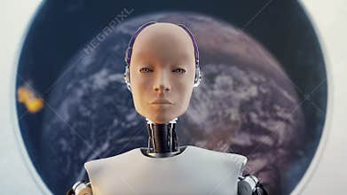 Concept of futuristic humanoid female portrait sci-fi in the style of metal and wires background