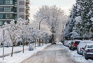 VANCOUVER, CANADA - February 13, 2019: urban street with cars and trees in snow