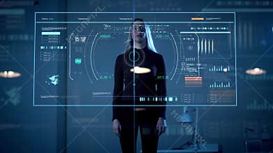 Woman working with virtual computer touch screen