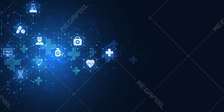 Abstract medical background with flat icons and symbols. Concepts and ideas for healthcare technology, innovation