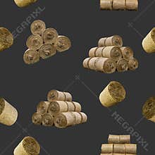 Raster seamless pattern. Straw bales and pyramids on a black background.