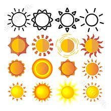 Yellow Sun Icon Set Vector. Sunset Sign. Sunrise Light. Summer Heat. Orange Ray. Season Object. Shiny Climate Graphic