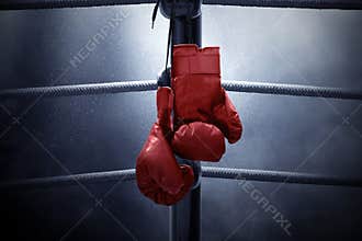 Boxing gloves hanging on the ring