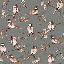 Seamless pattern with watercolor birds sitting on a branches with flowers