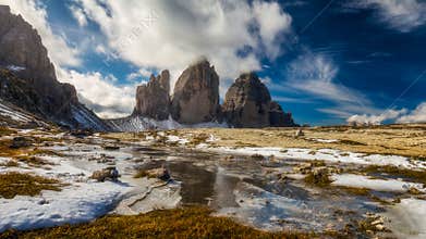 View of the National Park Tre Cime di Lavaredo, Dolomites, South Tyrol. Location Auronzo, Italy, Europe. Dramatic cloudy sky.