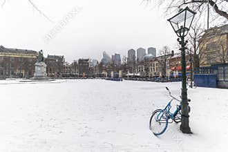 Bicycle locked with the lamp post with copy space