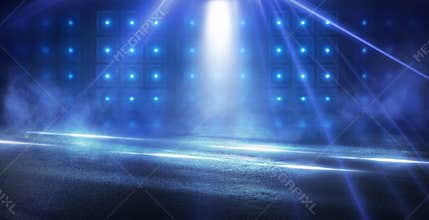 Abstract blue background with rays of neon light, spotlight, reflection on the asphalt.