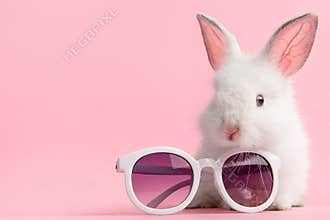 Cute bunny rabbit on pink background with fashionable pair of glasses