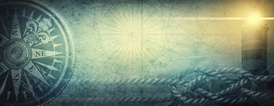 Old sea compass, lighthouse and sea knot on abstract map background. Pirate, explorer, travel and nautical theme grunge