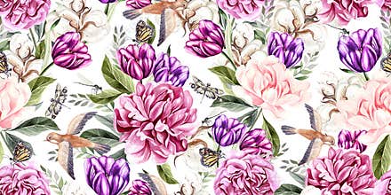 Watercolor seamless spring pattern with peony, tulip, cotton and birds.