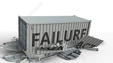 Container with CONTRACT text being broken by cargo container with FAILURE inscription. Conceptual 3D animation