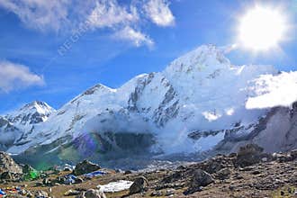 Beautiful weather at Gorak Shep with snow capped Himalayan range in the background