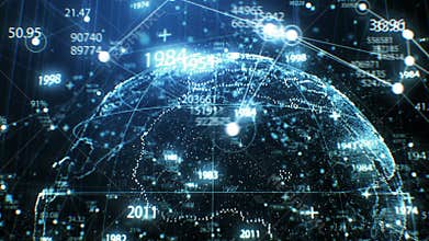 Planet Earth Digital Hologram Made of Dots Rotation in Cyberspace with Network Grid Growing. 3d Animation Futuristic