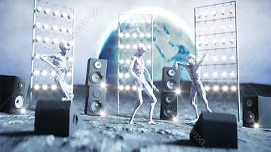 Funny aliens dancing on the moon. UFO concept. Earth on background. Space party. Realistic 4K animation.