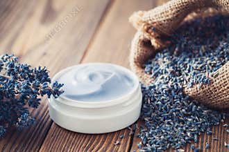 Lavender cream or balm and hessian bag of dry lavender.