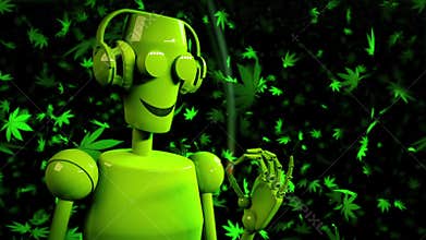 Robot dance listening headphones smoke djoint marihuana. 3d animation. HD 1080 loop green lemon 3D rendering