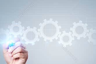 Gears on virtual screen. Business strategy and technology concept.