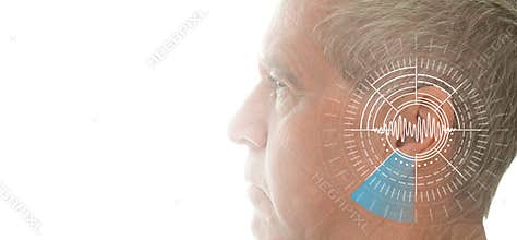 Hearing test showing ear of senior man with sound waves simulation technology