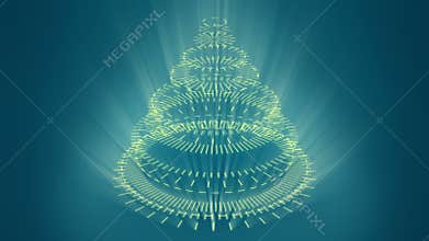 Stylized bizarre Christmas tree, blue background composed of yellow mechanical spiral wheels.