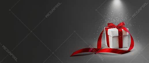Christmas Gift White Box Red Ribbon Dark Grey Background Concept Night Illuminated Lantern New Year Holiday Composition Banner