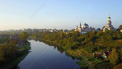 Fly over Tvertsa river in Torzhok, Russia