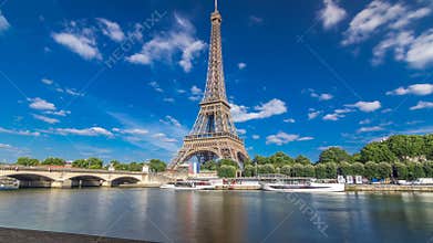 The Eiffel tower timelapse hyperlapse from embankment at the river Seine in Paris