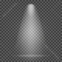 Light beam on transparent background. Bright spotlight light beam