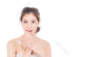 Asian woman surprise hold cheek with hand, Beautiful girl with presenting your product with excited