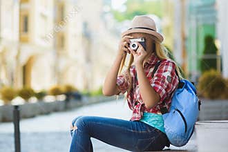 Teenage girl travel in Europe. Tourism and Vacation concept