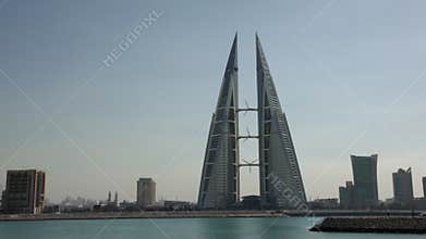 Manama skyline during day. WTC and coast