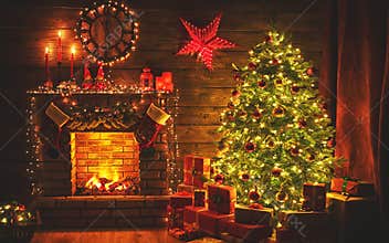 Interior christmas. magic glowing tree, fireplace gifts in dark