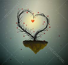 Family home idea, magic tree of spring love, tree with heart with nest and two white birds inside, sweet home, together