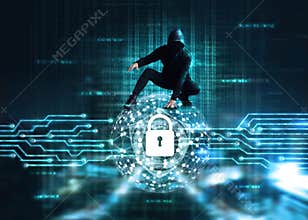 Cyber Attack concept, Cyber crime hacker on circle global network Businessman checking stock market data on tablet at night backgr