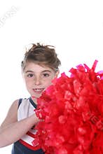 Cute young cheerleader holding large red pompom