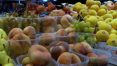 Counter with Fruits at a Market in La Boqueria. Barcelona. Spain