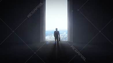 Businessman standing in the front of opening wall with view to the Earth