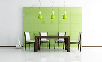 Green modern dining room with wooden table