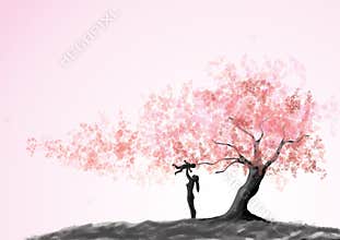 Happy loving family. Mother and child playing under love tree