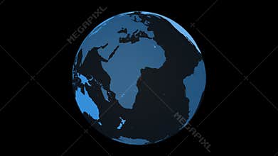 Spinning Planet Earth Globe in blue with transparent glass effect. Rotating 3D object. Footage with alpha channel