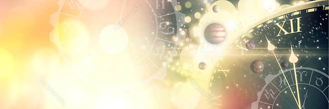 Astrology zodiac with time and space and planets and gold lights