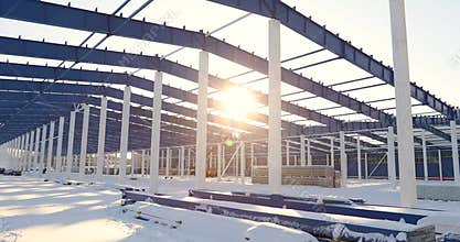 Construction of a modern factory or warehouse, modern industrial exterior, panoramic view, Modern storehouse