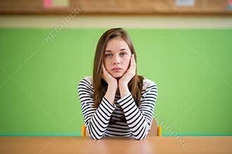 Sad student sitting in classroom with her head in hands. Education, high school, bullying, pressure, depression.
