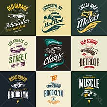 Vintage muscle, roadster, hot rod and classic car vector t-shirt logo isolated set