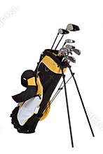 Golf clubs and bag on white