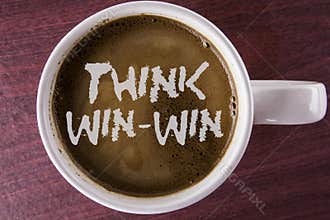 Writing note showing Think Win-Win. Business photo showcasing Negotiation strategy for both partners to obtain benefits written o