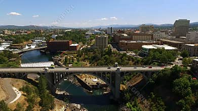 Aerial View Spokane Downtown Riverwalk Road Crossing Clock Tower