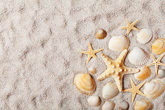 Travel background from sandy beach decorated with starfish and seashell. Top view.