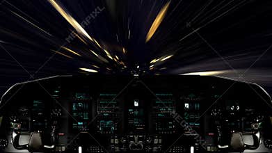 Futuristic Spaceship Traveling Inside a Golden Wormhole