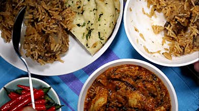 Serving Mushroom Rice And Chicken Saag Masala Curry On A Plate