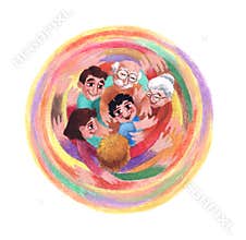 Family has to take care of child. Fifth point of the Children Rights. A colorful illustration of a great hug of love.